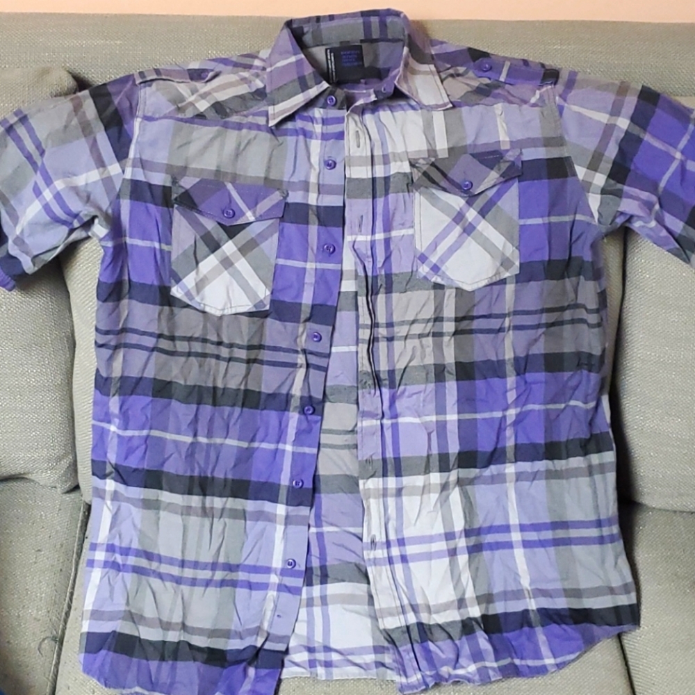 Grey and purple short sleeve button-down